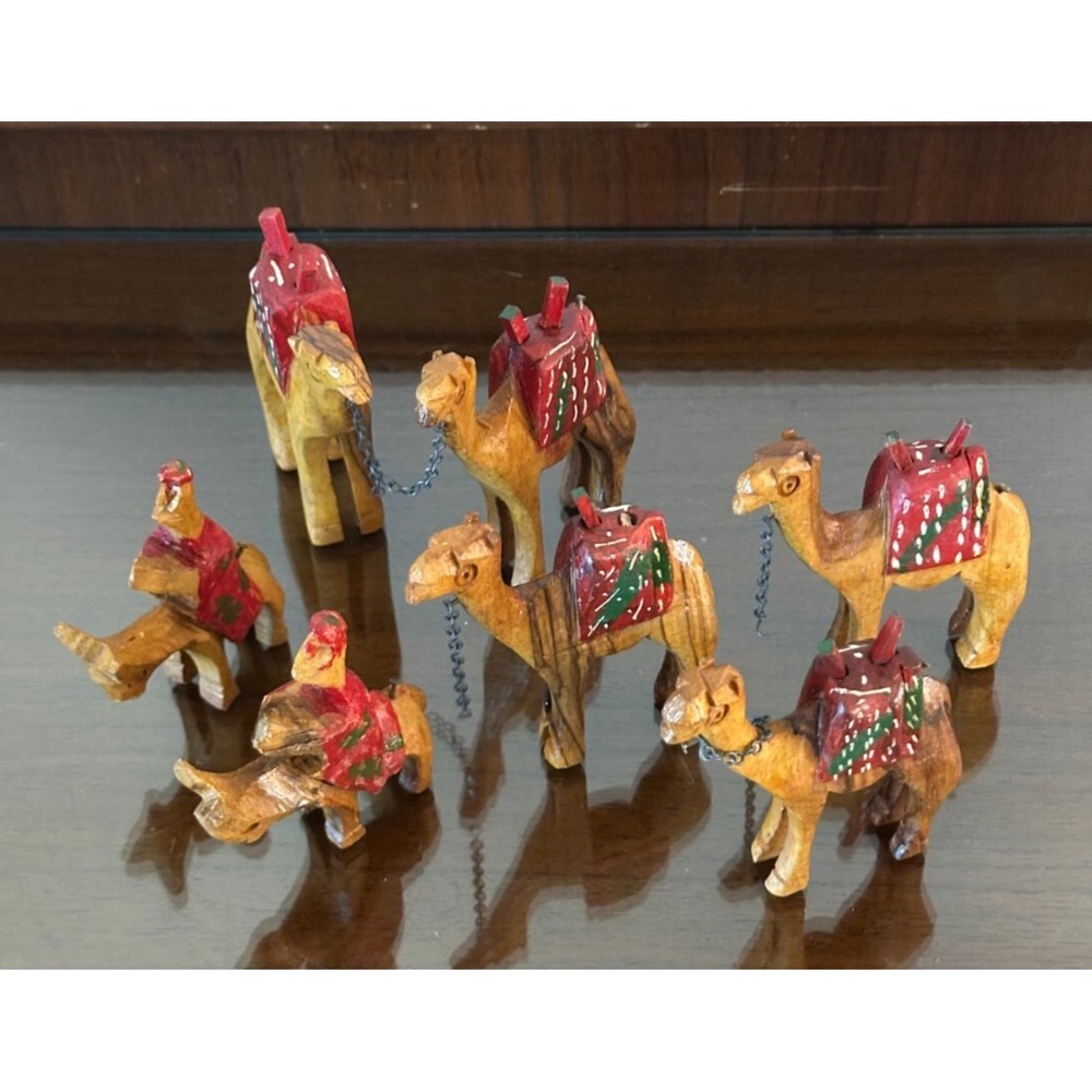Vintage Hand Carved Wooden‎ Camel Train Figurine Set with Donkey Riders